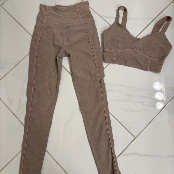 Beyond Yoga Pants - Beyond Yoga Taupe Activewear Set with Pink Trim